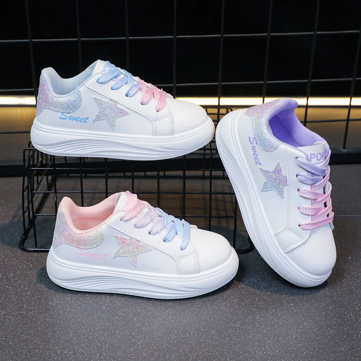 Students Fashion School Spring/Autumn Stars Thick Sole Sequin Sports Sneakers Popular PU Soft Toddler Shoes Light Running Shoes