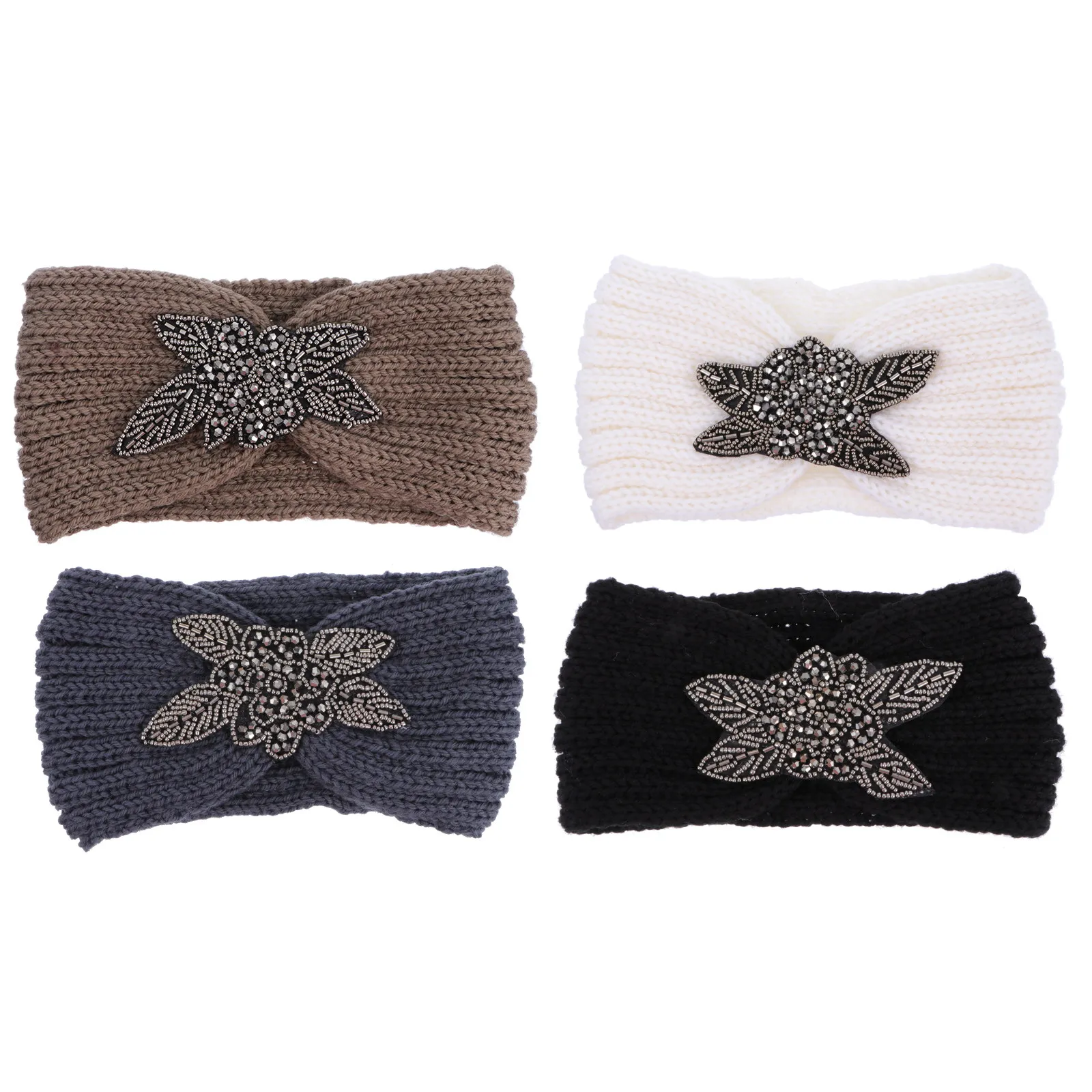 

4Pcs Women Knitted Headbands Soft Warm Wool Hairbands with Sparkling Diamonds Stylish Hair Accessories for Daily Wear Gift Idea