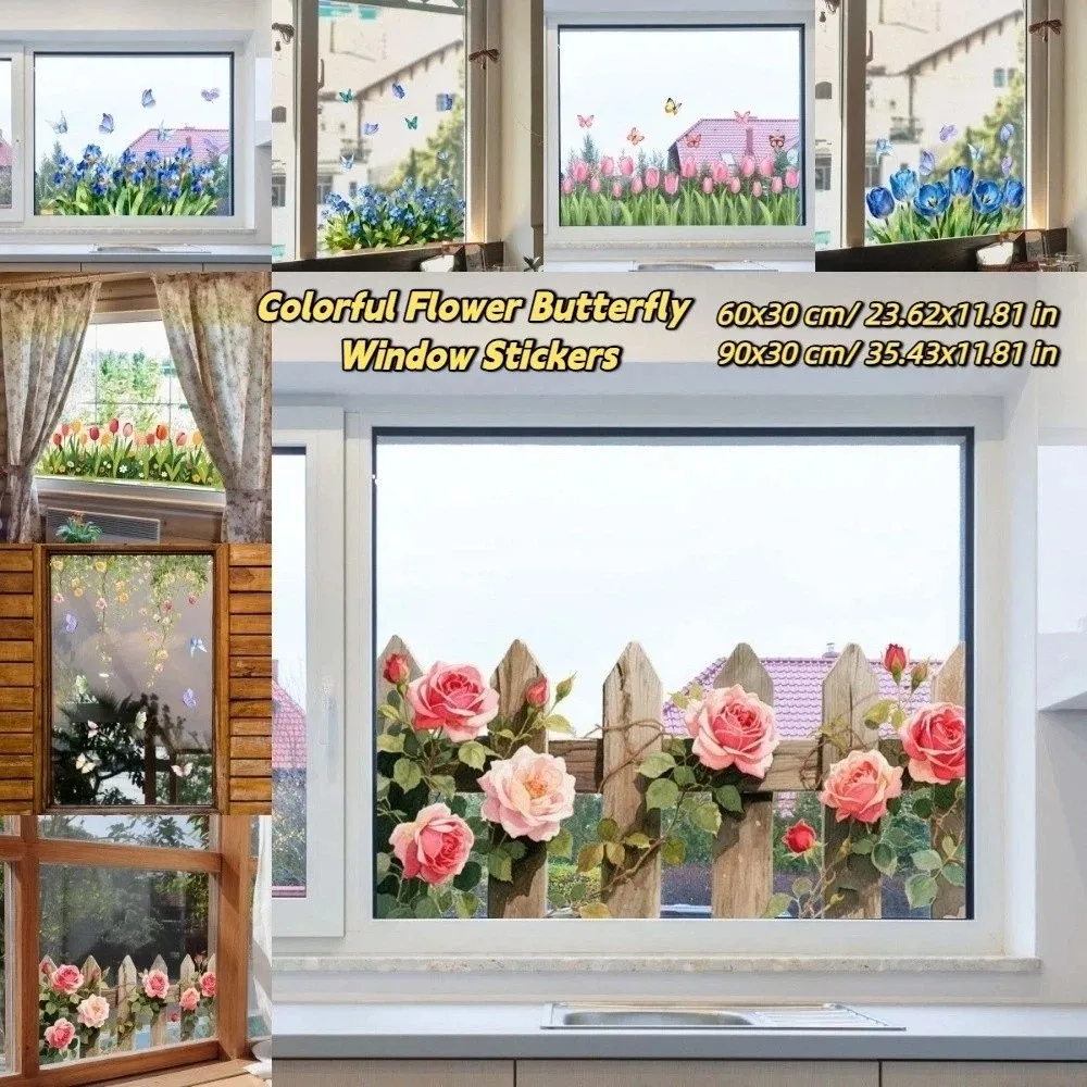 Tulpen- und Blatt-Fensteraufkleber, Bunte Blumen- und Schmetterlings-Glasdekoration, Elektrostatische Glasfolie mit Blumendruck und Rosen