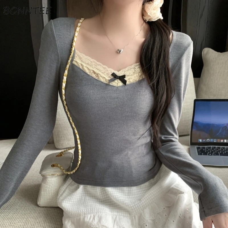 

T-Shirts for Women Lace Patchwork Chic Long Sleeve All-match Slim Fit Daily Autumn Cropped Tops Simple Streetwear Inner Casual