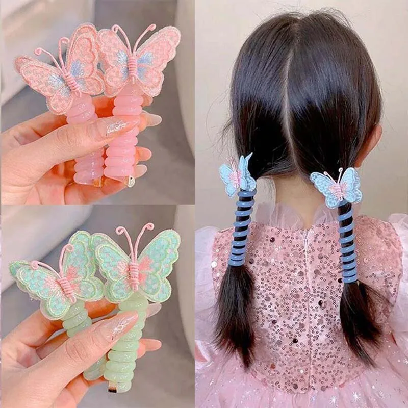 

ncmama 2Pcs Butterfly Telephone Wire Line Hair Ties Girls Ponytail Holder Rubber Band Elastic Hair Band DIY Hair Accessories