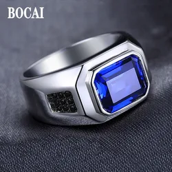 BOCAI New 100% Pure S925 Silver Jewelry Classic Dark Blue Cubic Zirconia 3A Personalized Atmosphere Punk Trend Men's Ring