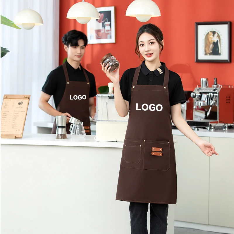 Hanging Neck Canvas Waterproof Apron Coffee And Milk Tea Shop Waiter Work Clothes Printed With Name Logo Chef Apron