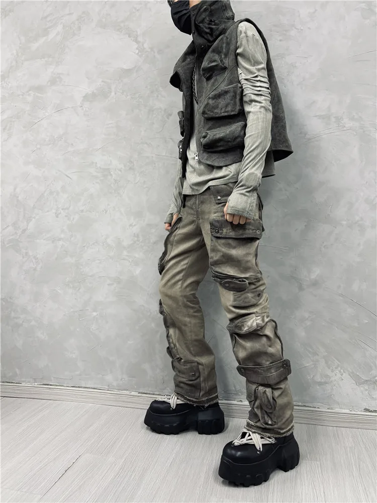 Zware afvalgrond versleten uitziende wash-out multi-pocket cargobroek gepersonaliseerde minderheid recht casual trendy herenbroek