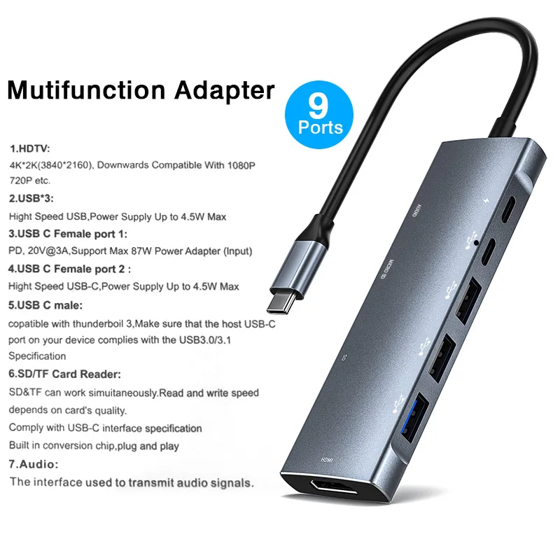 Multifunction Adapter USB-C Type-C to PD HDTV 4K SD/TF Card Reader Audio HUB for MacBook/iPad Pro/Huawei Mate 20 etc