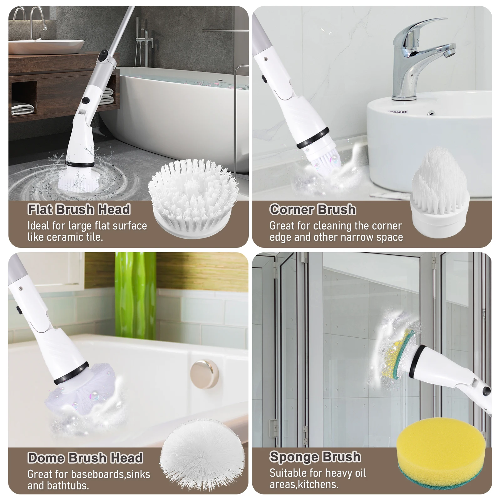 Electric  Scrubber Cordless Handheld Cleaning Brush with Adjustable Extension Handle 4 Brush Heads 4000mAH Battery for Kitchen