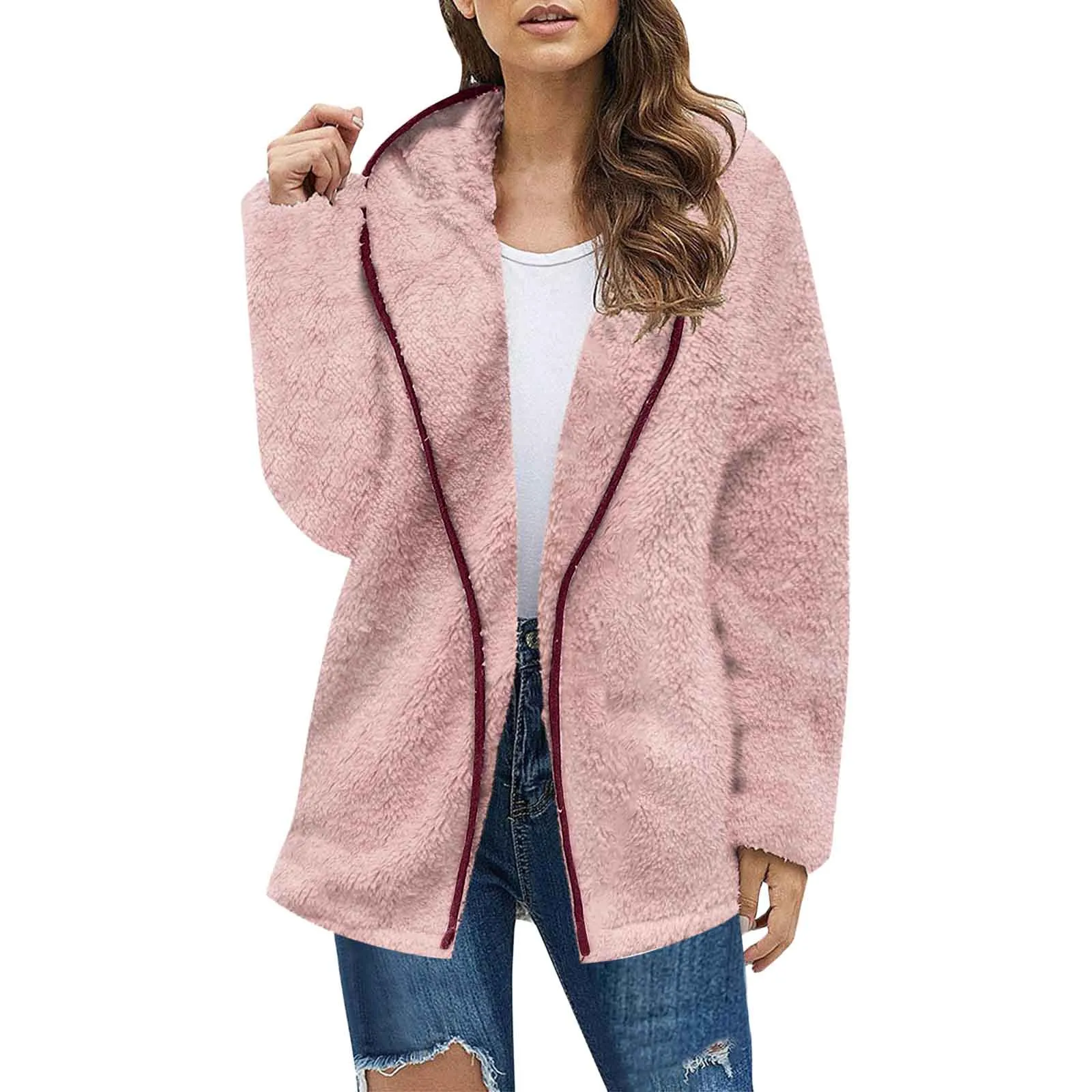 Women\'s Solid Color Long-sleeved Cardigans Fleece Loose and Warm Mid-length Plush Windbreaker Lamb Wool Coat Fleece Jacket