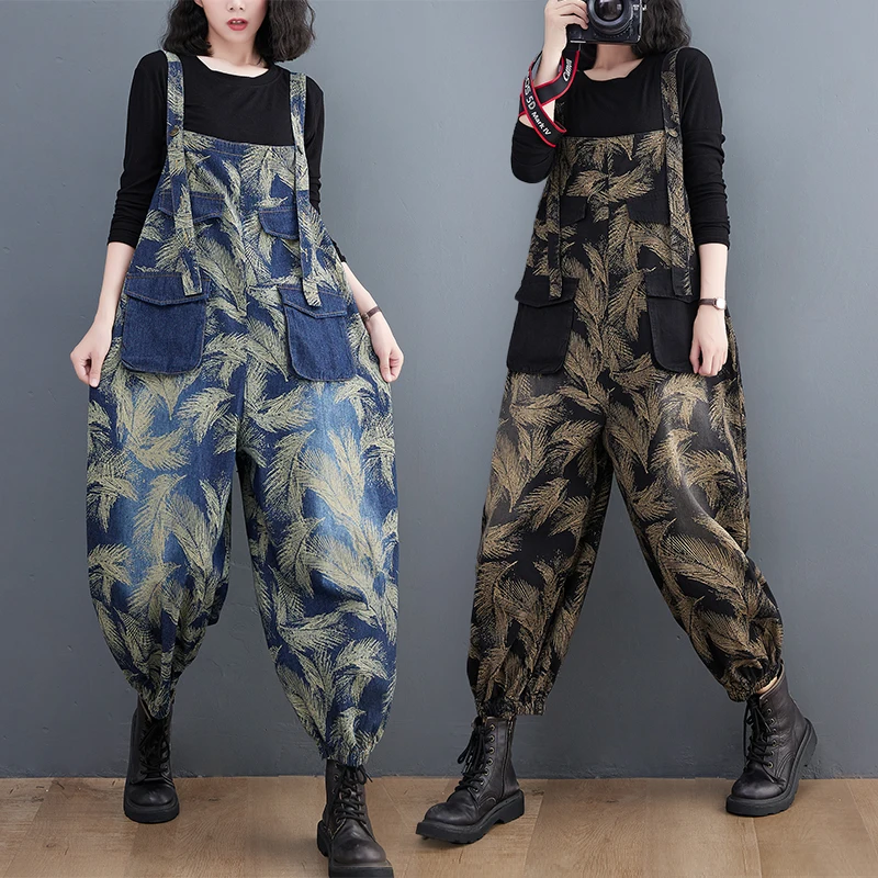 

Slimming Floral Print Denim Overalls Women's Loose plus Size Autumn Winter High Waist Long Pants Sli Casual Faion
