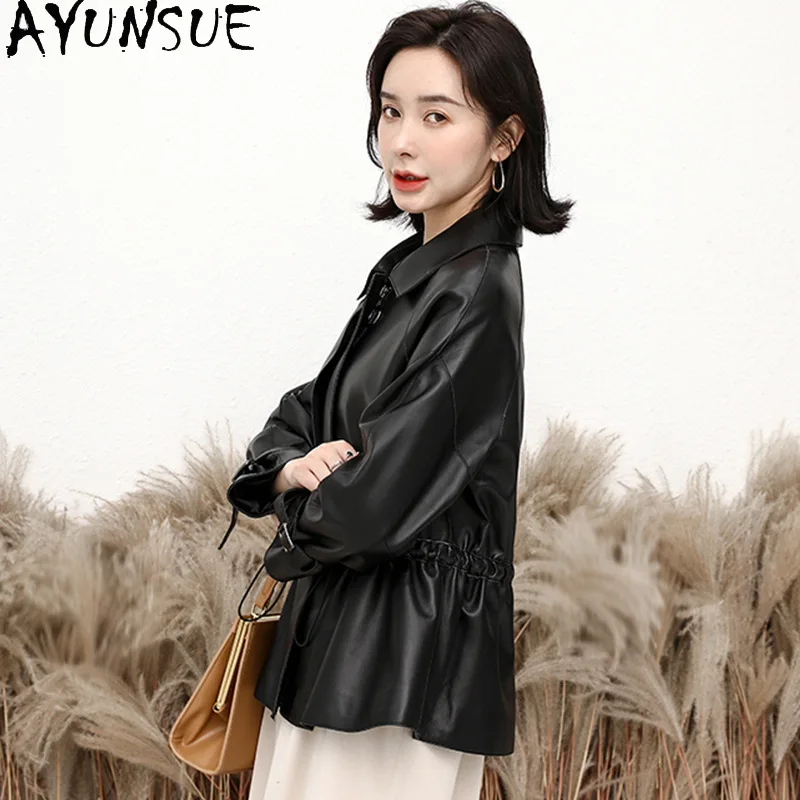 AYUNSUE Genuino Giacca di Pelle Vestiti Delle Donne 2025 Primavera Autunno Cappotto di Pelle di Pecora Donna Vita Nera Jaqueta De Couro