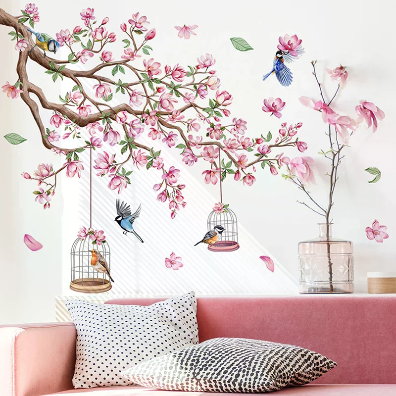 Pink Peach Blossom Bird Wall Stickers PVC Self-adhesive Bedroom Living Room Art Deco Decal Wallpaper DIY Home Decoration