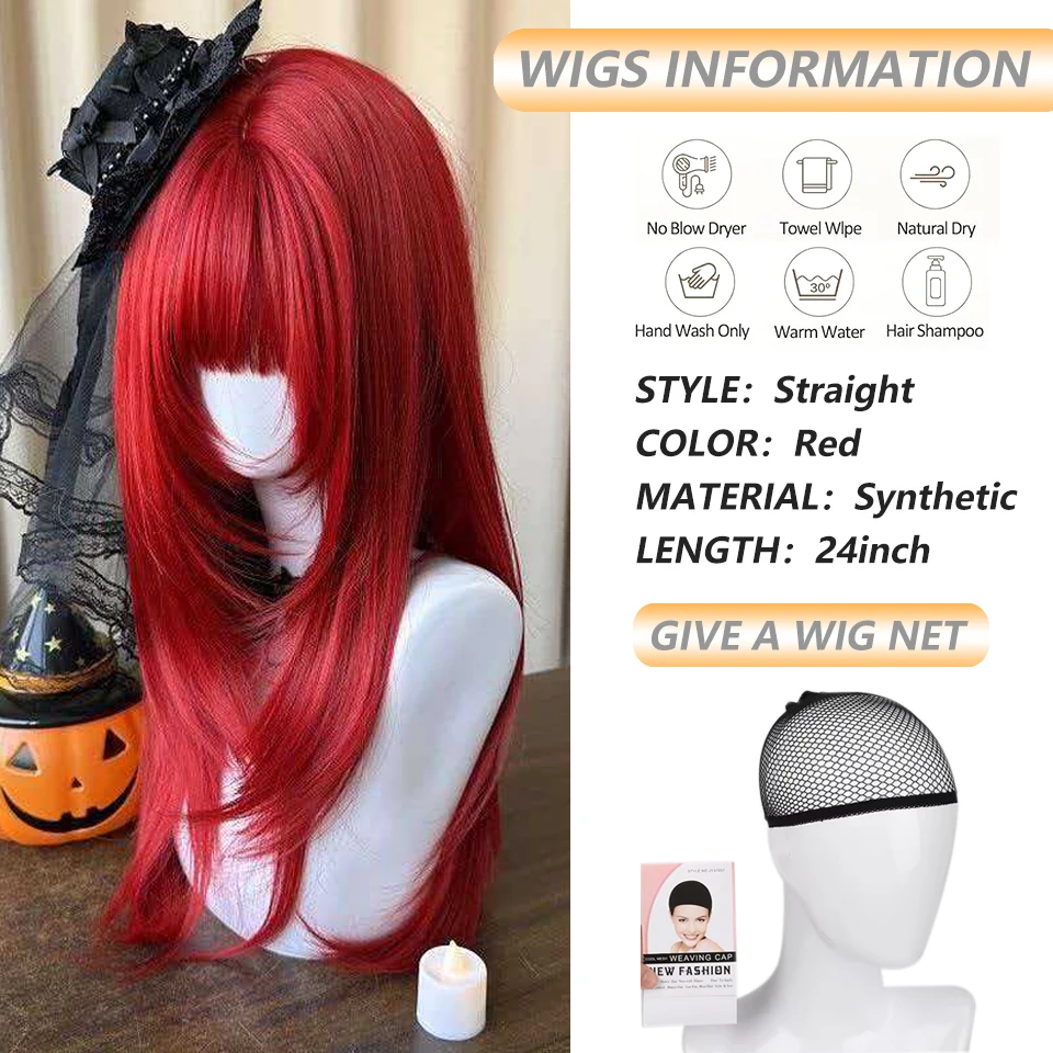 Red Synthetic Wigs for Cosplay Long Straight Layered Wigs with Bangs Halloween Costume Party Women Wig Heat Resistant Fake Hair