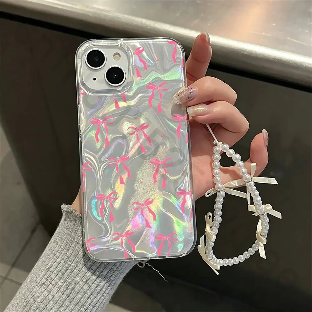 

Pink Bowknot Phone Case For iPhone 17 16 15 13 14 Pro Max 11 12 Plus Luxury Laser Silver Gradient Silicone Cover