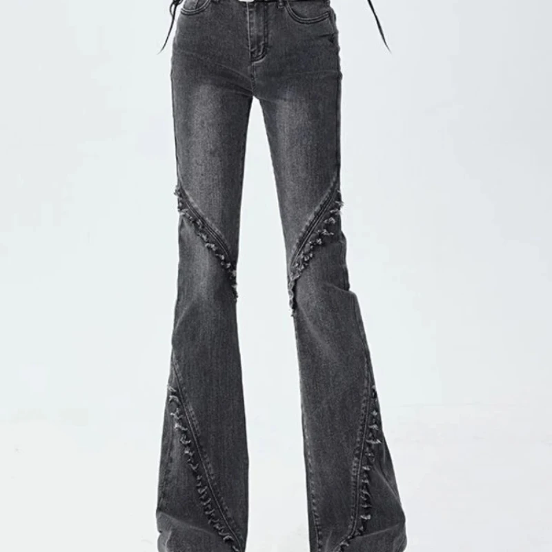 Calças de brim femininas queimadas flare fino ajuste calças de cowboy femininas 2025 alta qualidade harajuku moda vibrante cabido novo em calças legais