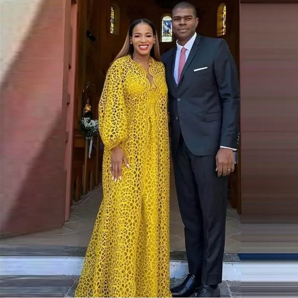 V-hals Gezwollen Lange Mouwen Losse Plus Size Prom Jurk Voor Afrikaanse Vrouwen Formele Gelegenheid Jurken Goud Full Lace Avondjurken