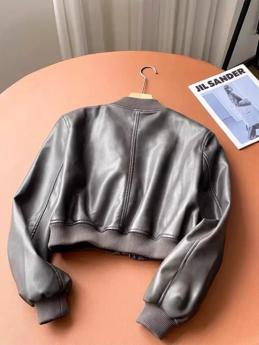 Sli ort – manteau de pilote en cuir pour femme, faux cuir, rétro américain, Faion, automne 2023, fermeture à glissière, col montant