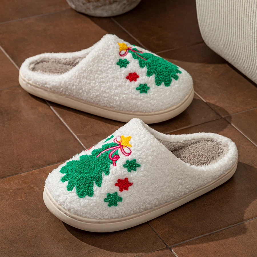 

Christmas Tree Slippers Indoor Soft Sole Warm Classic Embroidered Pattern Women's Winter Comfy Leisure Bedroom Fuzzy Home Shoes