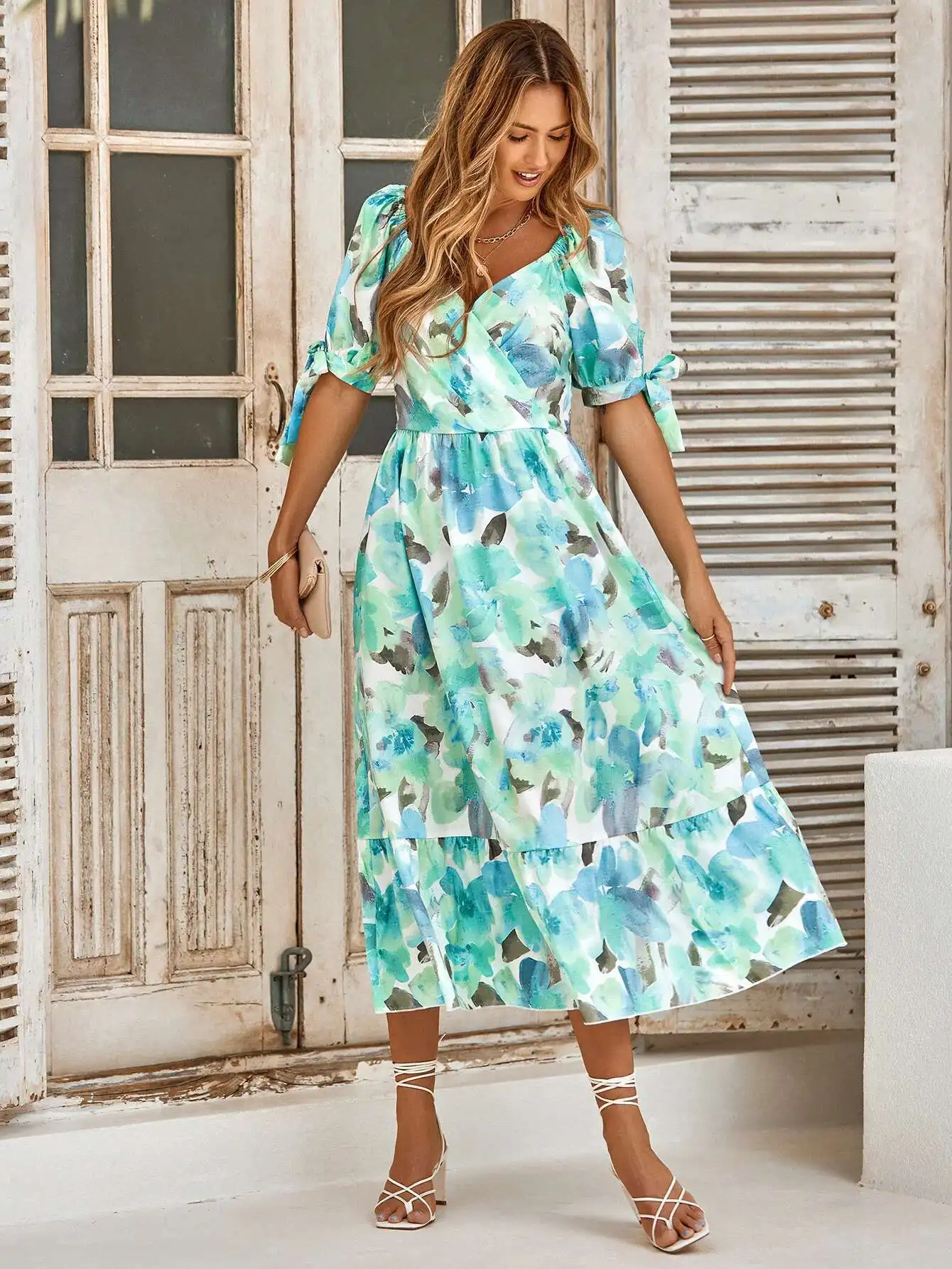 

New 2023 Women's Casual Printed Waist Collection Bubble Sleeves V-neck Jumpsuit Length Prom 2025 Summer Dress Robe Vestido Women
