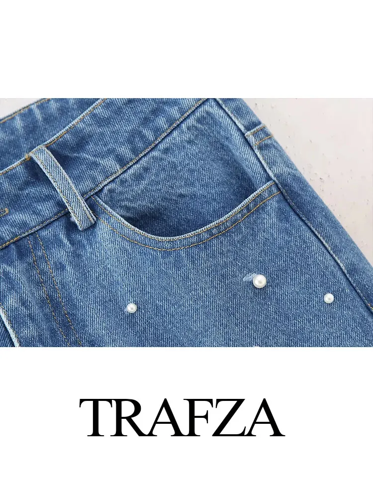 TRAFZA 2024 donna autunno Faux Pearl Denim Shirt Top donna moda maniche lunghe monopetto Casual camicia allentata