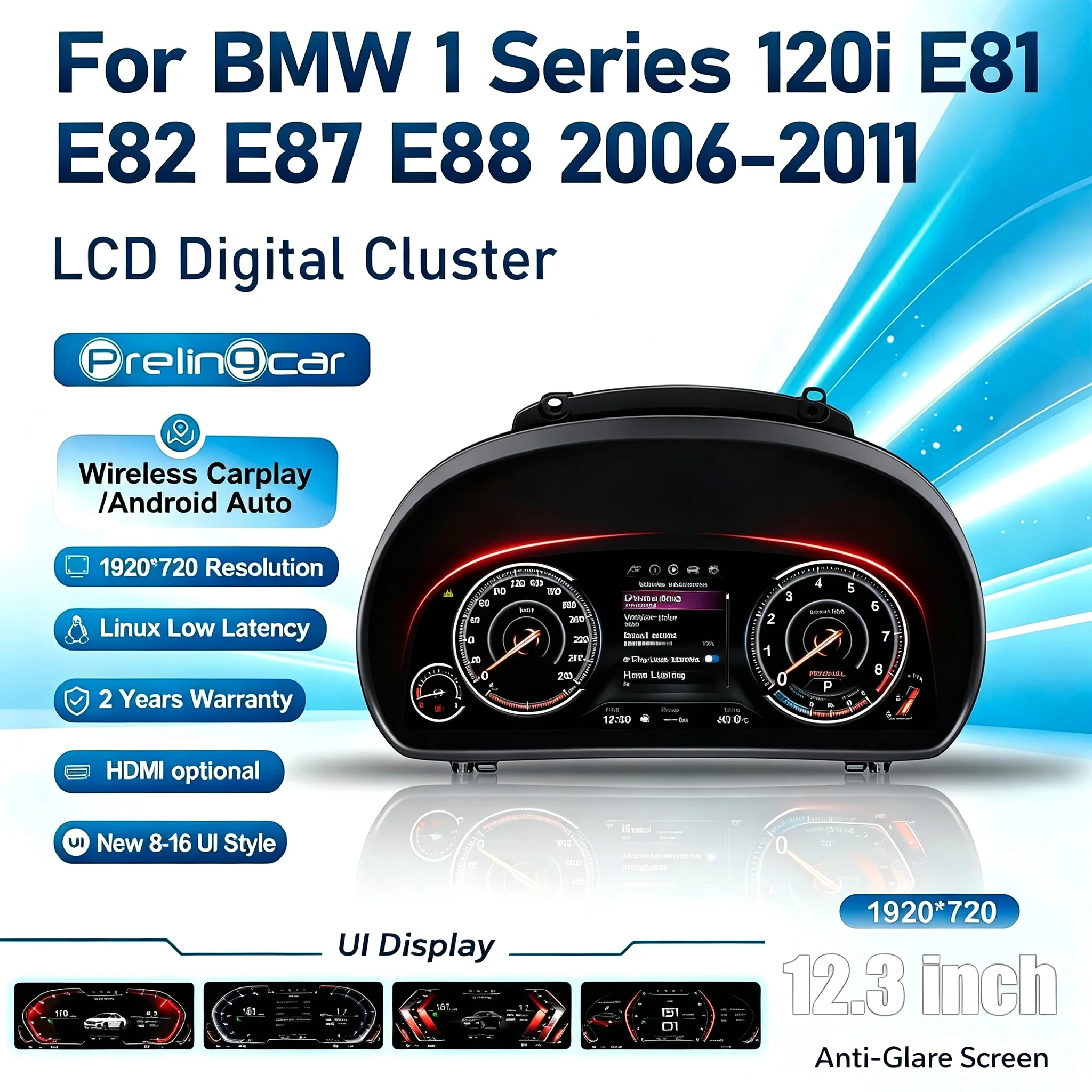 PRELINGCAR Speedometer Virtual Cockpit Dashboard Cluster For BMW 1 Series 120i E81 E82 E87 E88 2006-2011 Years 12.3 Digital Instrument Panel