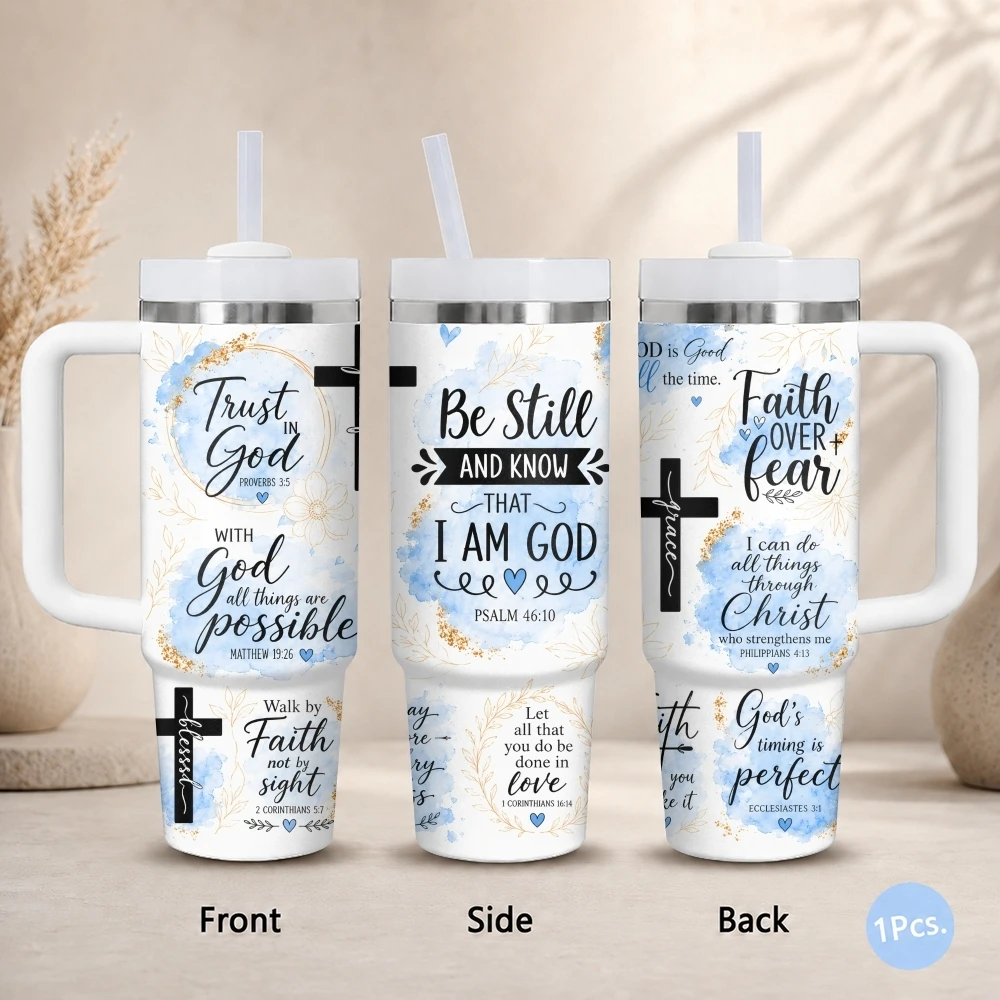 Faith Affirmations Vacuum Flasks 40oz Stainless Steel Insulated Tumbler with Handle Straw Lid Leakproof Travel Mug