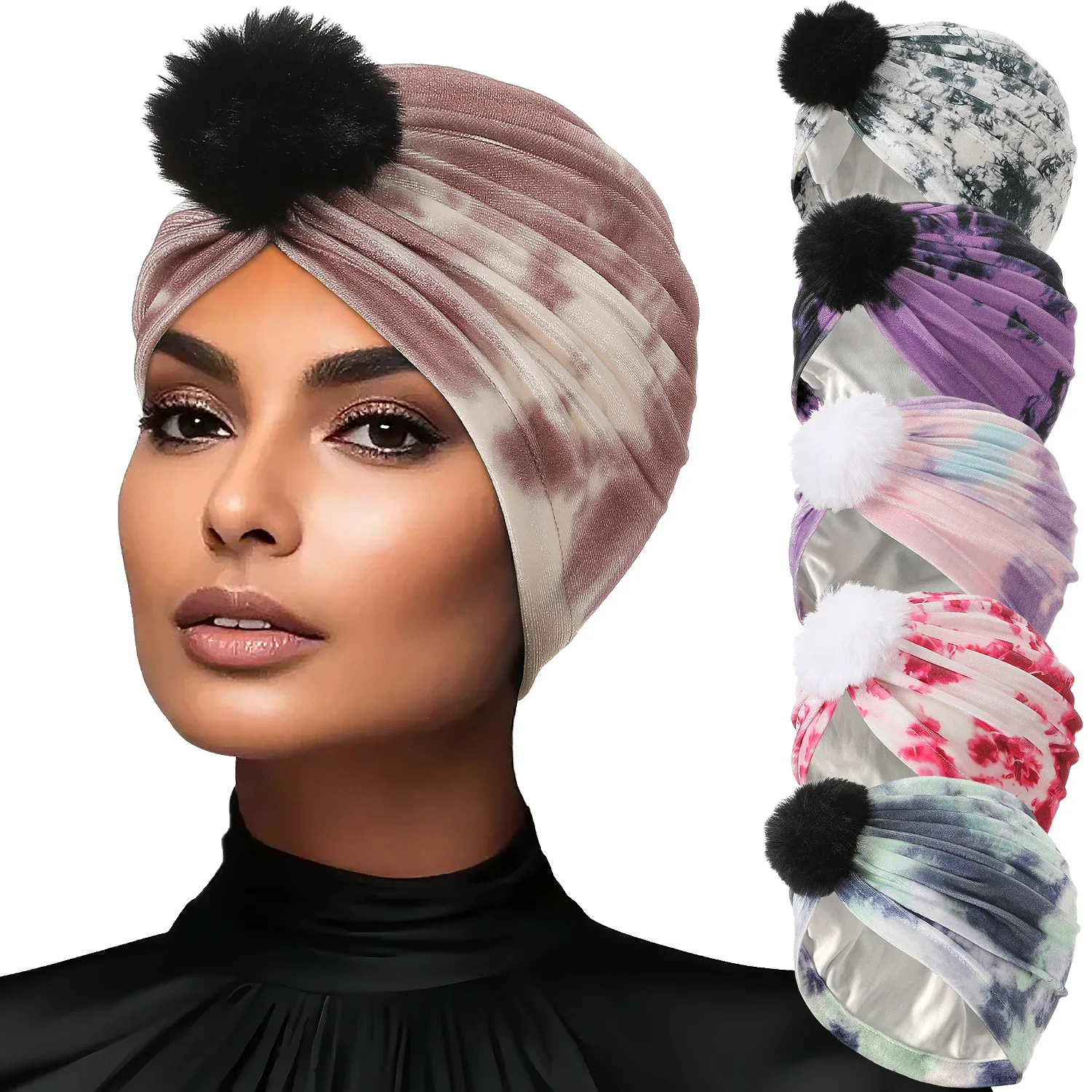 2024 Winter New Velet Turban Hat Wool Ball Decoration Headwear India Muslim Bonnet Cap Ladies Head Scarf Headwrap  Hair Cover