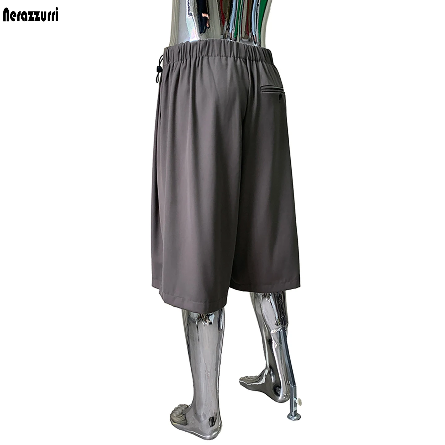 Nerazzurri Summer Autumn Loose Casual Soft Flowy Baggy Wide Leg Shorts for Men Elastic Waist Calf Length Pants Menswear Clothes