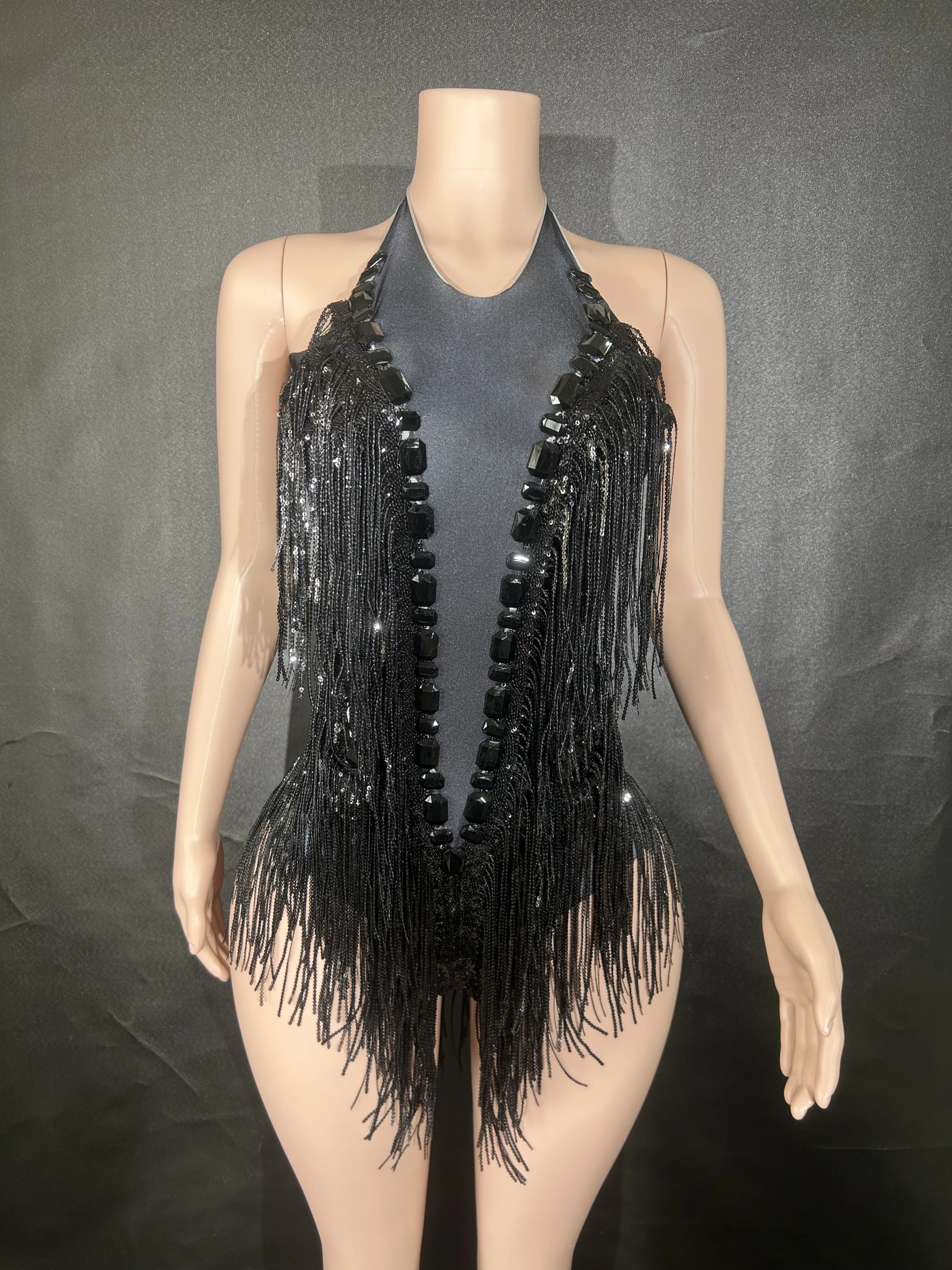 Sparkly Rhinestones Sequins Tassel LeotardWomen Nightclub Outfit Singer Dancer CostumeStage Wear Sexy Performance Bodysuit  G007