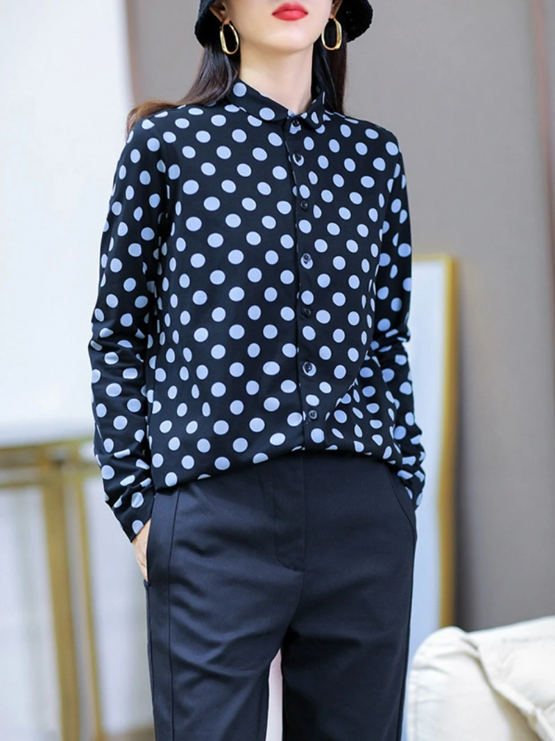 

Polka Dot Shirt Collar Women Blouses Slimming Shirts Elegant Buttoned Round Neck Long-sleeved Inner Elastic Knitted Blouse Tops