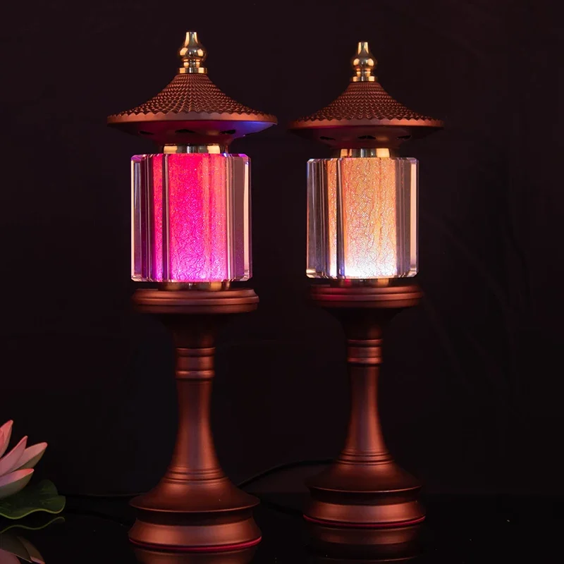 Octagonal Gold Wire Buddha Lamp, Household Seven Color Crystal LED Lamp, Buddha Hall, Feng Shui, Prayer, Power Plug, Safety