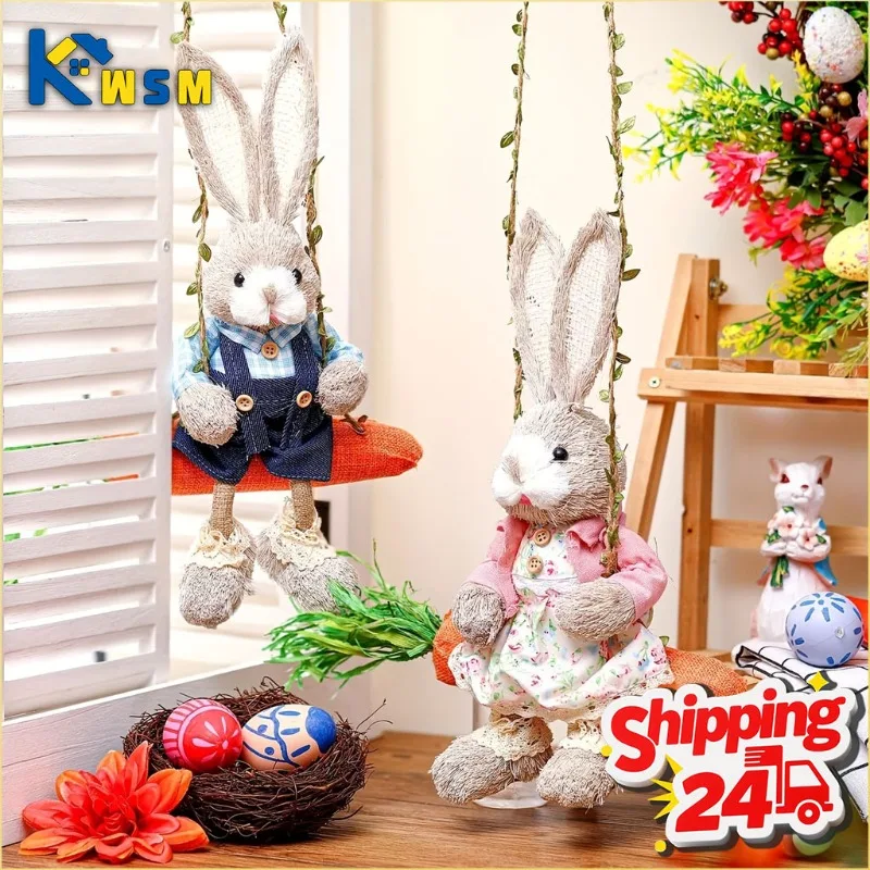Osterhase auf Schaukel Handgefertigte Gewebte Grasfigur Kreatives Dekorationsobjekt Hängende Verzierung Waldthema Geschenk Souvenir