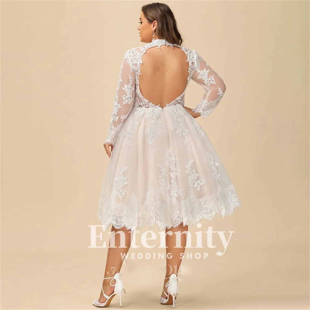 Personalizado A linha Noiva Vestidos Ilusão Neck Wedding Dress Joelho-Comprimento Lace Tulle Vestidos De Casamento para Mulher Vestidos Vestidos