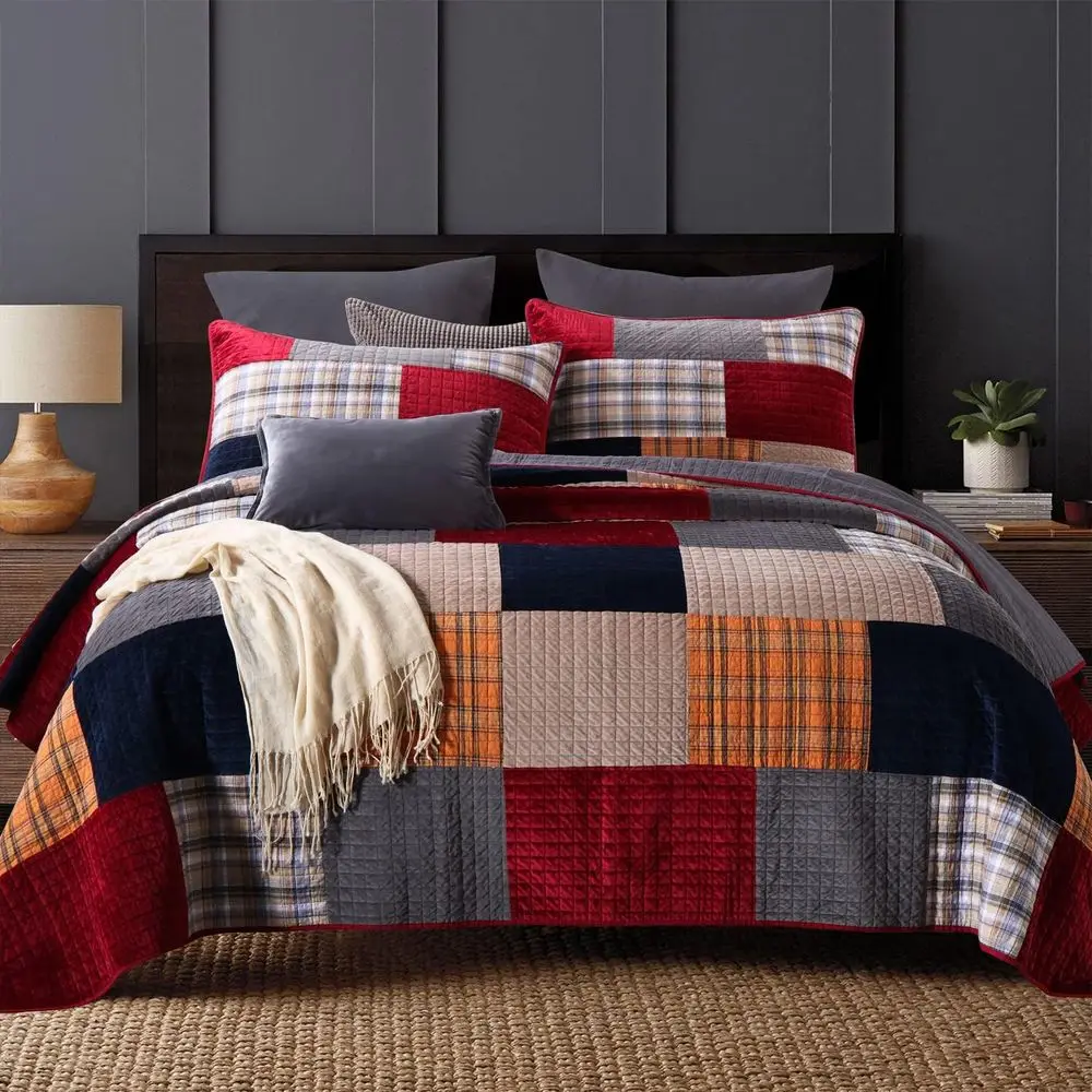 

Cotton & Velvet King Size Comforter Set, Red & Black Patchwork Reversible Bedding with 2 Pillow Shams (96x108 Inches)