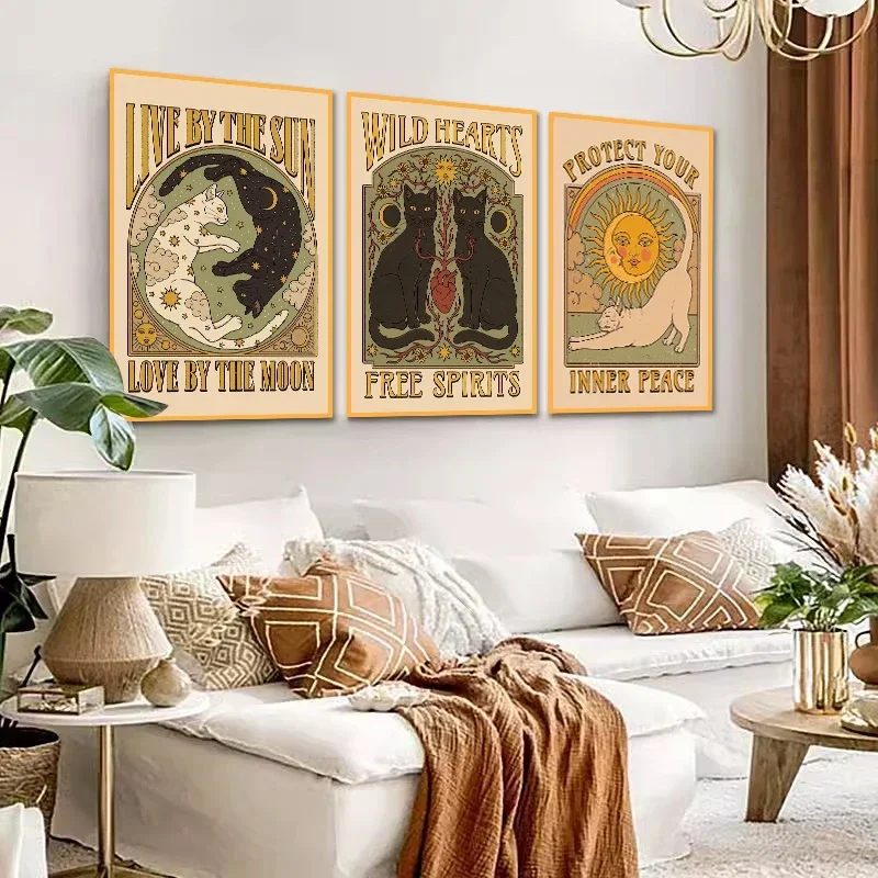 Vintage Cat Poster Tarot Cute Sun Moon Art Poster Canvas Paintings And Print Wall Art For Living Room Home Decor Frameless Gifts