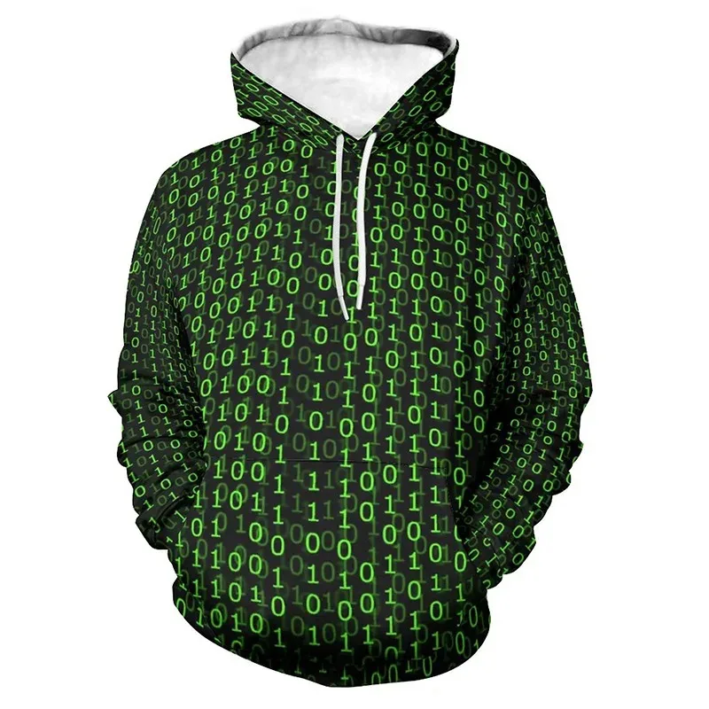

2025 3D Printed Hooded Green Matrix Code Horror Printed Hooded Sweatshirt Harajuku Style Swearshirt Men's and Women's Cool Top
