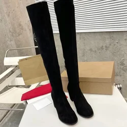 Autumn Winter New Size 34-41 Shoes for Women Natural Kid Suede Chunky Heels Over-the-Knee Long Boots Round Toe Designer Shoes