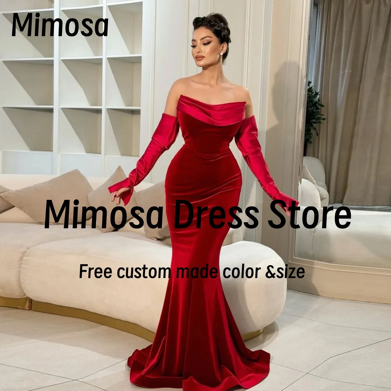 

Mimosa Robes De Soirée Ruched Strapless Mermaid Prom Dresses Long Sleeves Sexy Back Evening Party Bride Gowns Customized