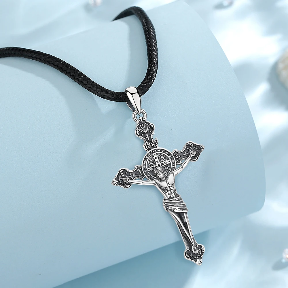 Eudora-Collier de Jésus en argent regardé 925, croix de Saint Benoît, pendentif amulette vintage, cadeau de bijoux religieux pour hommes et femmes