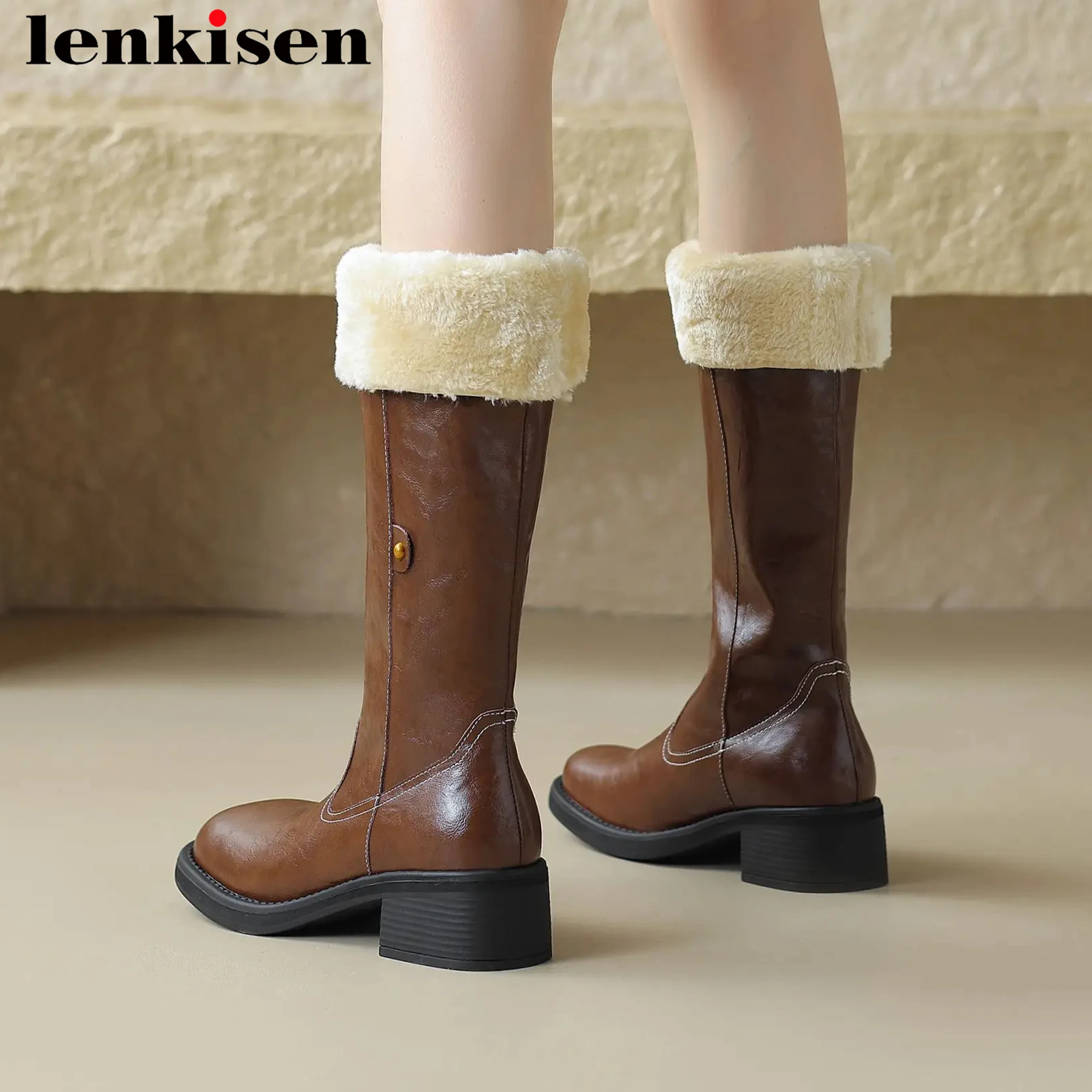 Lenkisen Handsome Cow Leather Fur Round Toe Med Heels Snow Boots Rivet Winter Luxury Dating Classics Keep Warm Thigh High Boots