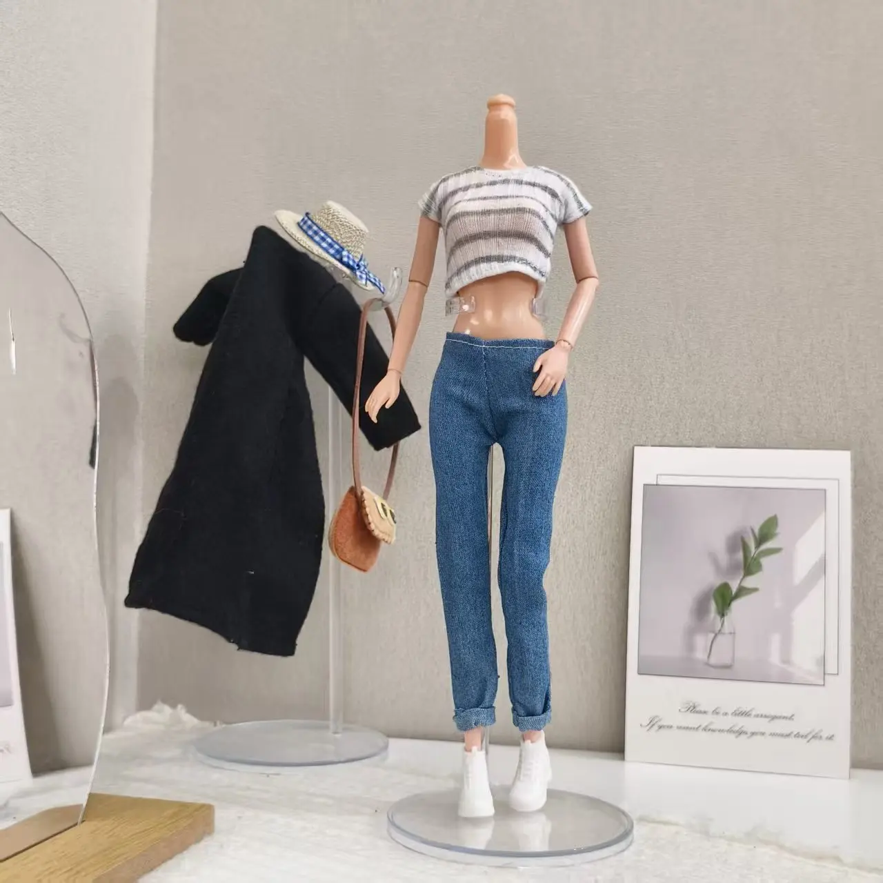 Simple Casual Fashion Black Jacket+Vest+Pants+Hat+Shoulder Bag Set For 1/6 BJD Supermodel Doll 30cm Doll Clothes Accessories