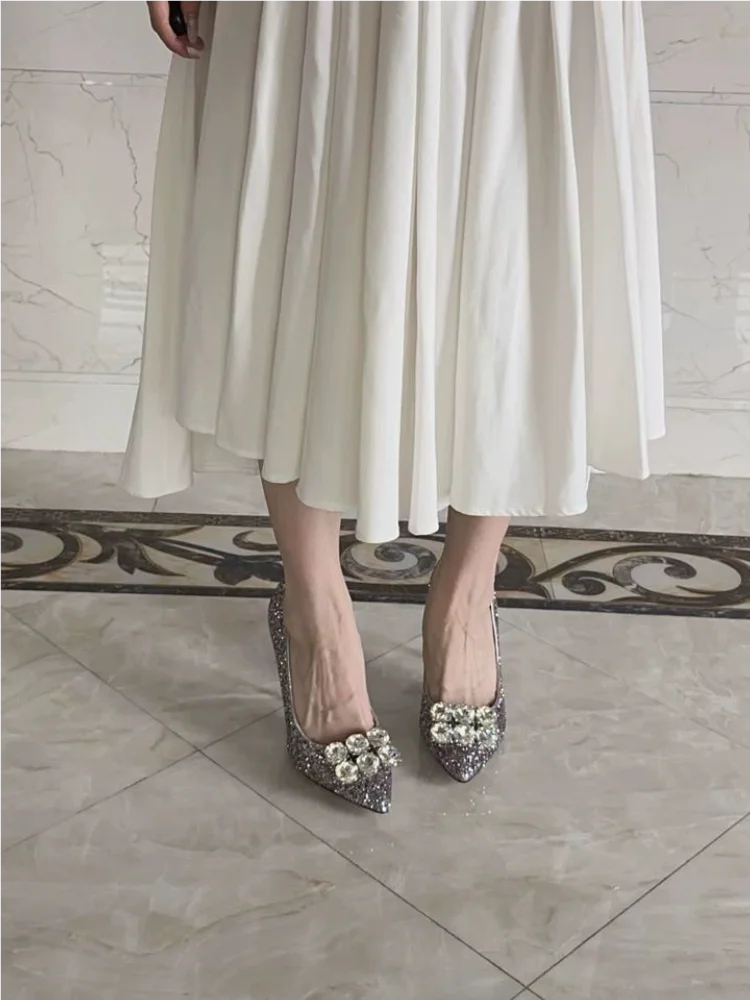 Spring new shallow sequin crystal wide version low-heeled shoes fine high-heeled banquet large size small size women's shoes