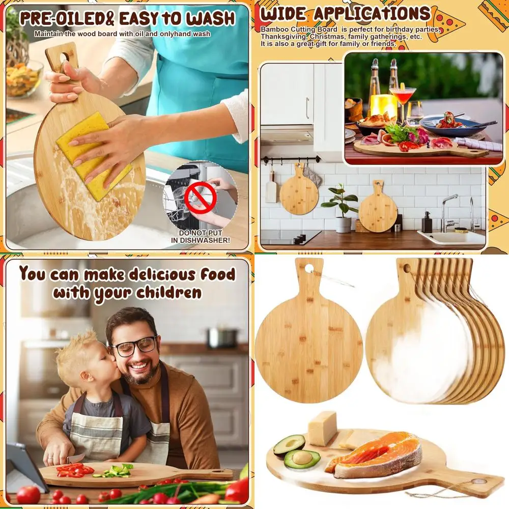 

12-дюймовая бамбуковая круглая разделочная доска с ручкой — набор из 10 штук для кухни, выпечки и сервировки пиццы, хлеба, торта, сыра, фруктов,