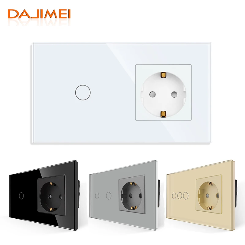 DAJIMEI Touch Switch 1 2 3Gang EU Standard Wall Switches With Sockets Crystal Glass Panel Touch Switch 158mm