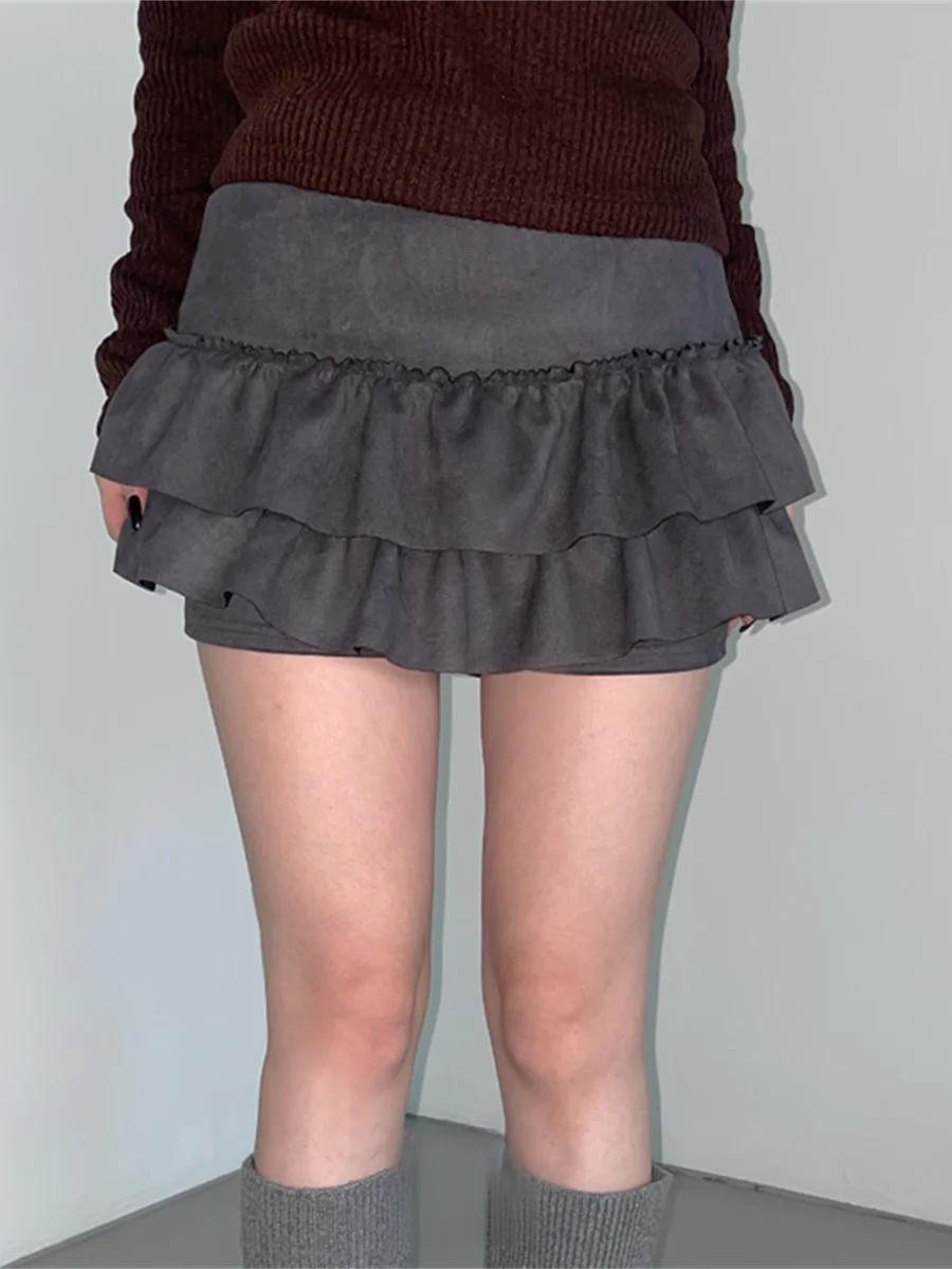 

Unique SEI Street Sle Suede Skirt Cake Hem Anti-Light Slimming ort f-length Skirt High Waist Korean Version Commute