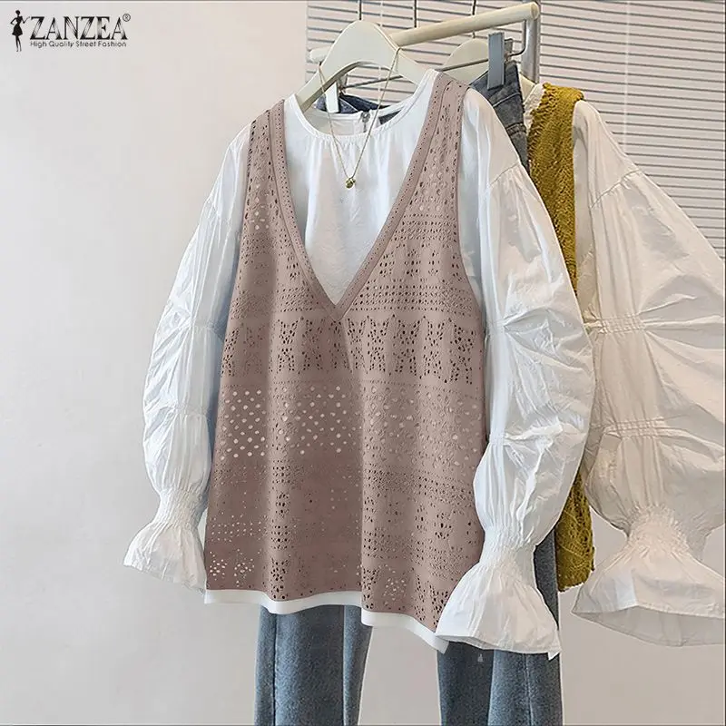 

Женская блузка ZANZEA 2026: модная рубашка с длинным рукавом, цветные вставки, повседневная туника, свободный крой, элегантная офисная блуза в корейском стиле, весна