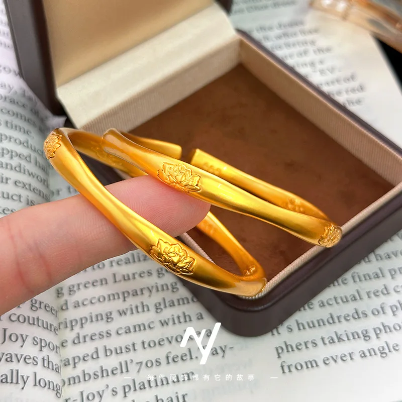 Hibiscus Flower Open Bangle Women's 24K Gold AU999 - Shiny hibiscus gold bangle, floral glow on wrist,ideal for daily streetwear