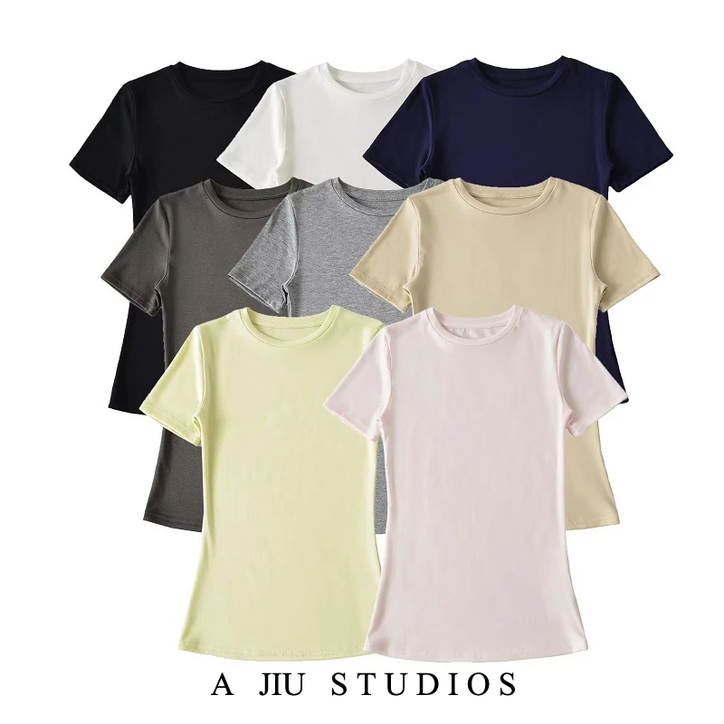 Slim Fit ort Sve round Ne T-irt Women Summer Thin Pure Desire Sle Lyocell Material Street Sle  Color Top