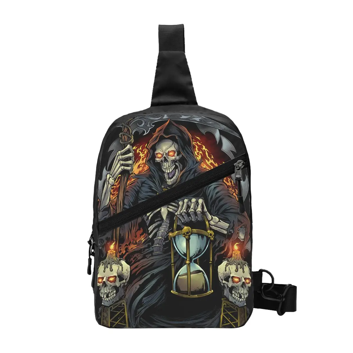 

Grim Reaper Skull Crossbody Sling Backpack Men Custom Gothic Skeleton Chest Shoulder Bag for Cycling Camping Daypack