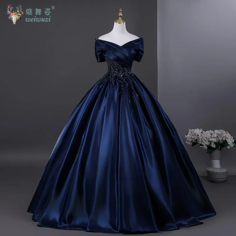 Exquisite marineblaue Pailletten-Applikationen für den Abend, Abschlussball, Prinzessin, Geburtstag, bauschig, A-Linie, Satin-Ball, Bühnenperformance-Kostüm im Vintage-Stil