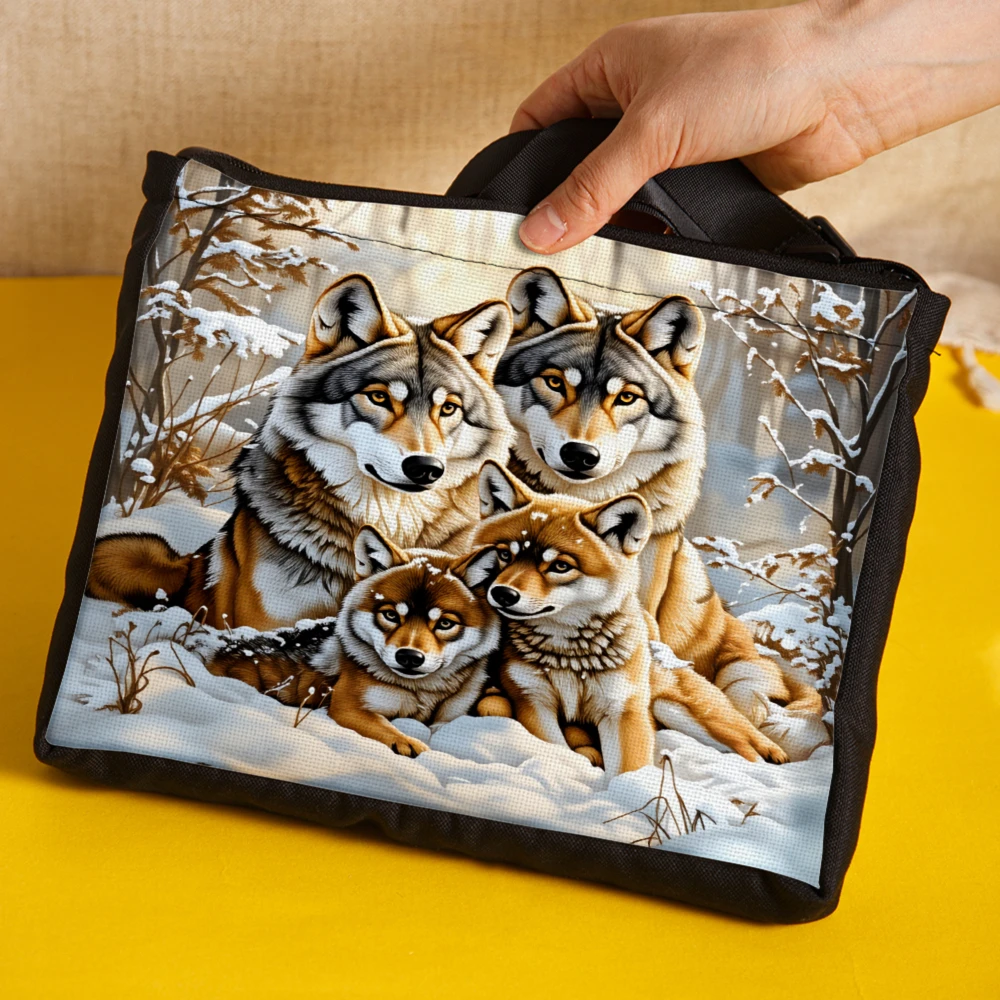 Wolf Family Print Crossbody Bag Black Winter Scene With Four Wolves Shoulder Bags For Women Outdoor Nature Lovers Travel And Dai