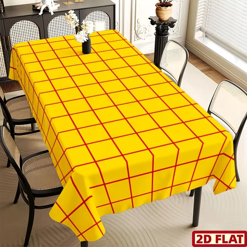 Bright yellow background with red checkered grid pattern 2D flat tablecloth